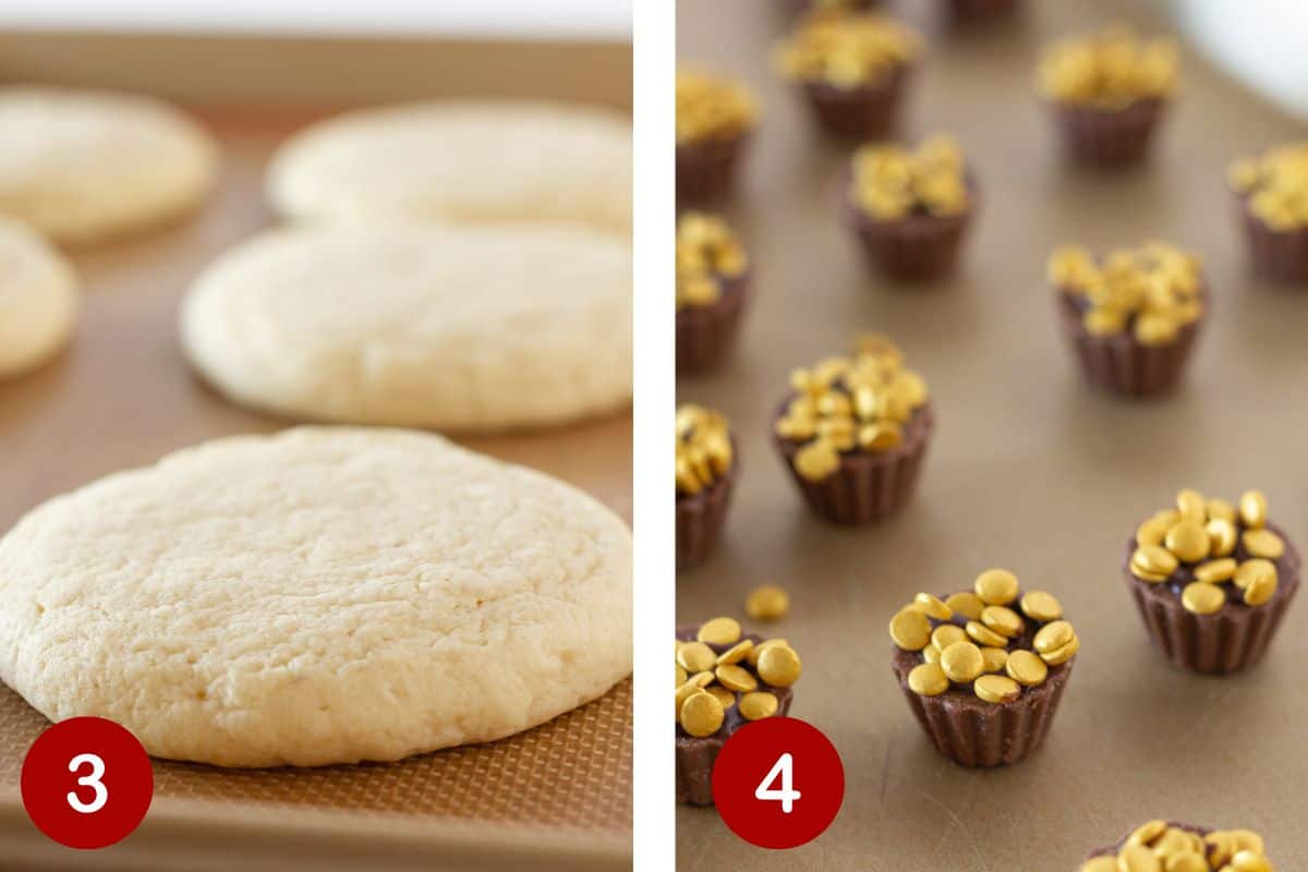 Steps 3 and 4 of making rainbow sugar cookies. 3, baking the sugar cookies and 4, making the pots of gold.