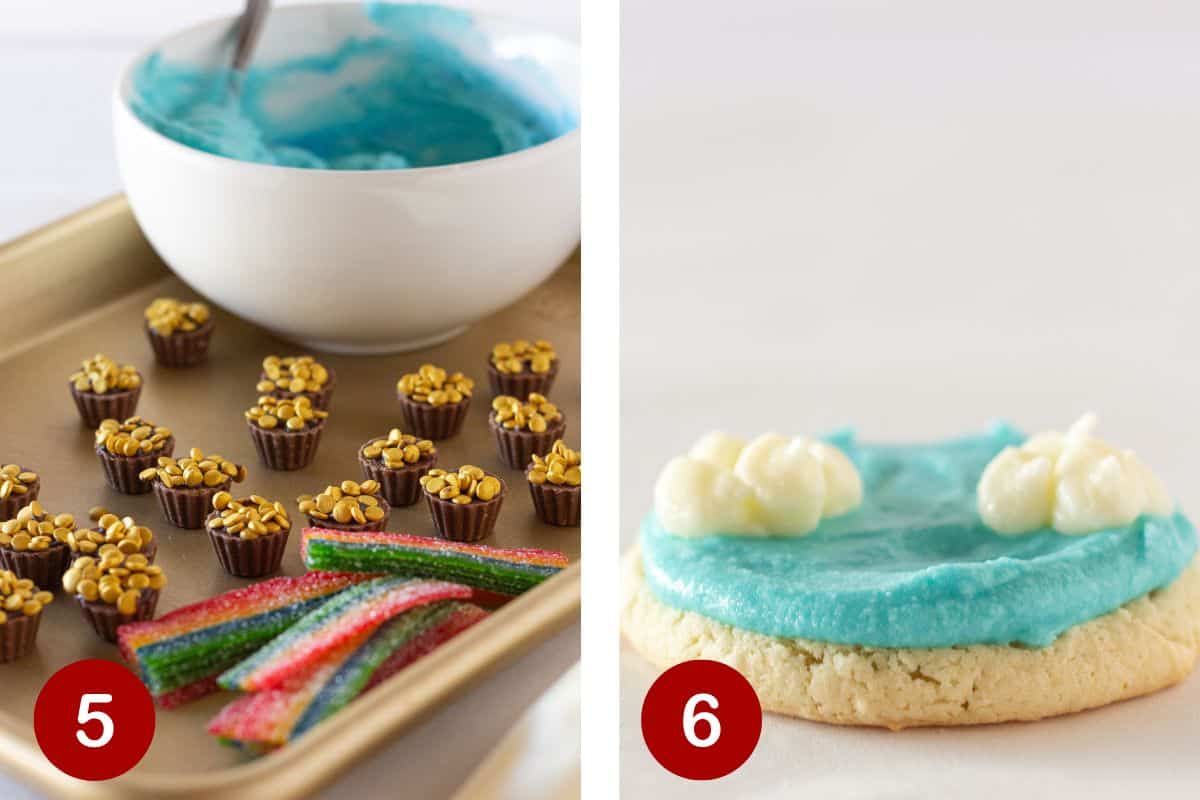Steps 5 and 6 of making rainbow cookies.  Gathering the ingredients and frosting.