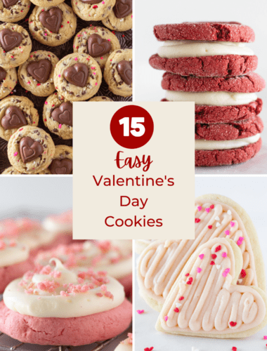 Collage of 4 cookies that are Easy Valentine's Day recipes.