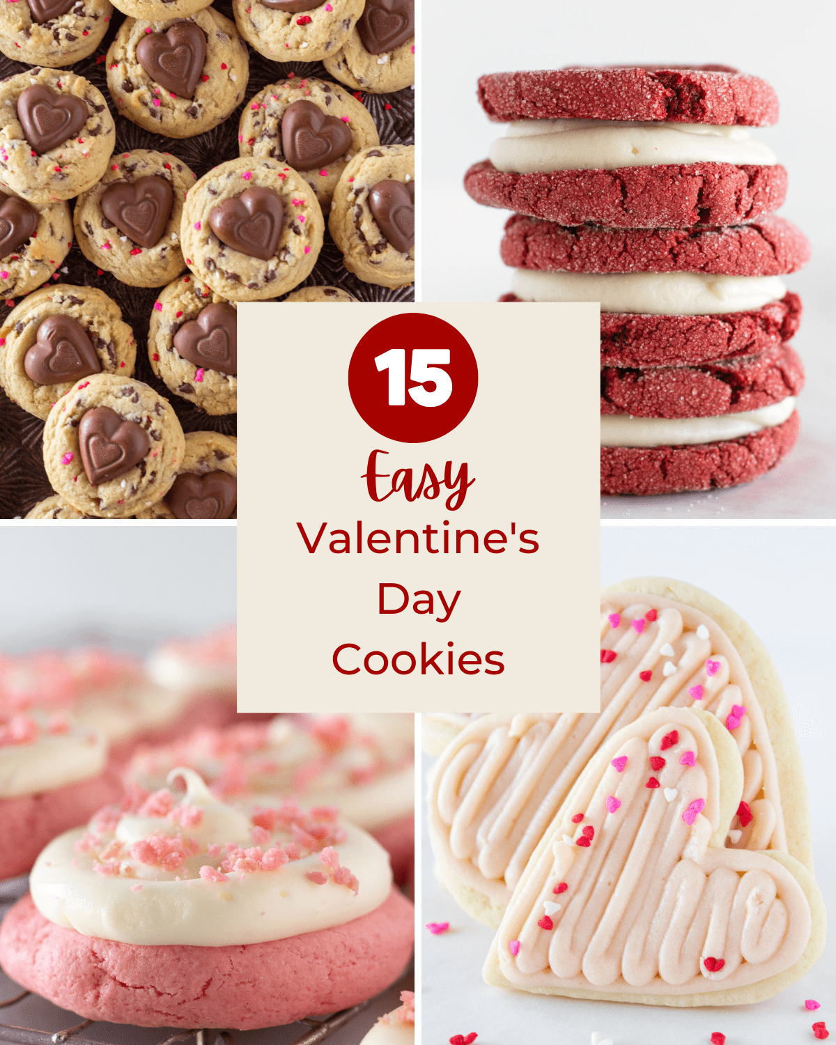 Collage of 4 cookies that are Easy Valentine's Day recipes.