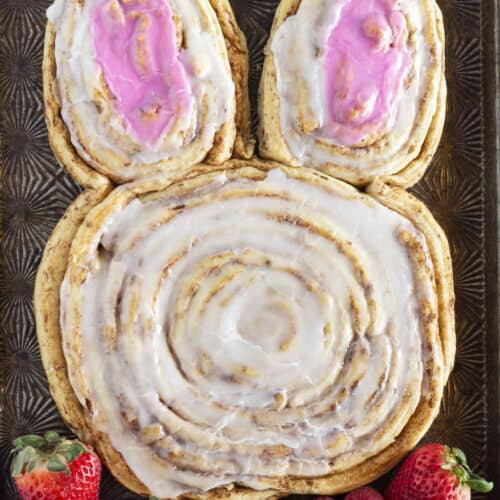 A large cinnamon roll bunny made with refrigerated cinnamon rolls.