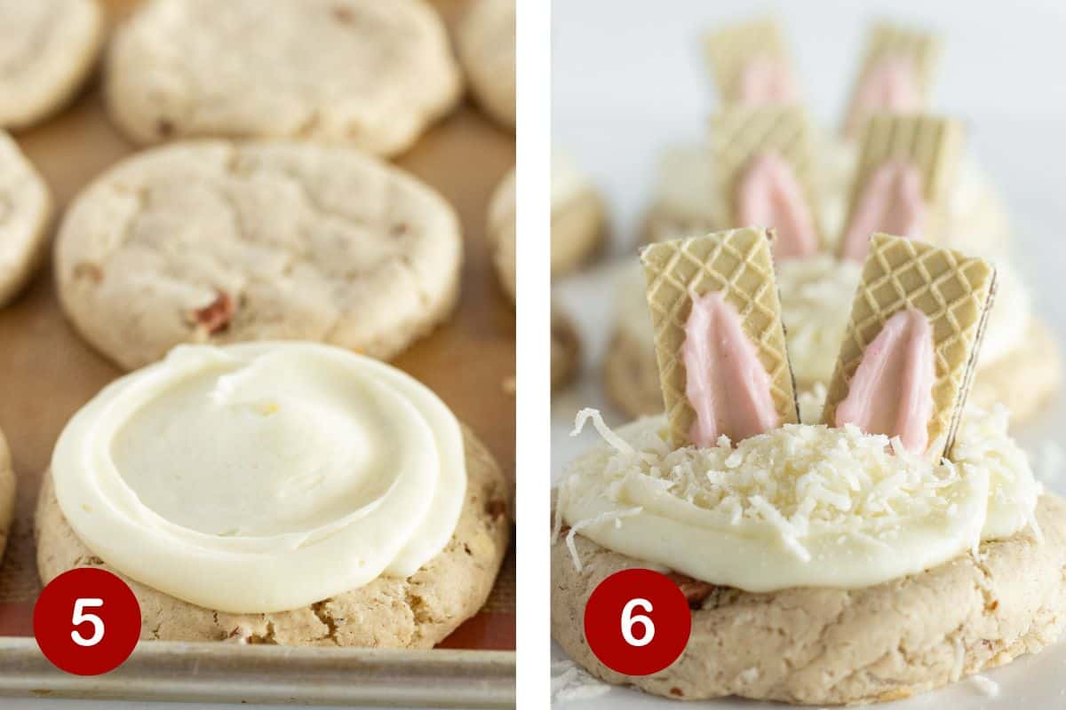 Steps 5 & 6 of making Bunny Cookies. 5, adding the frosting to the top of the cookies. 6, finishing the cookies with coconut and bunny ears.