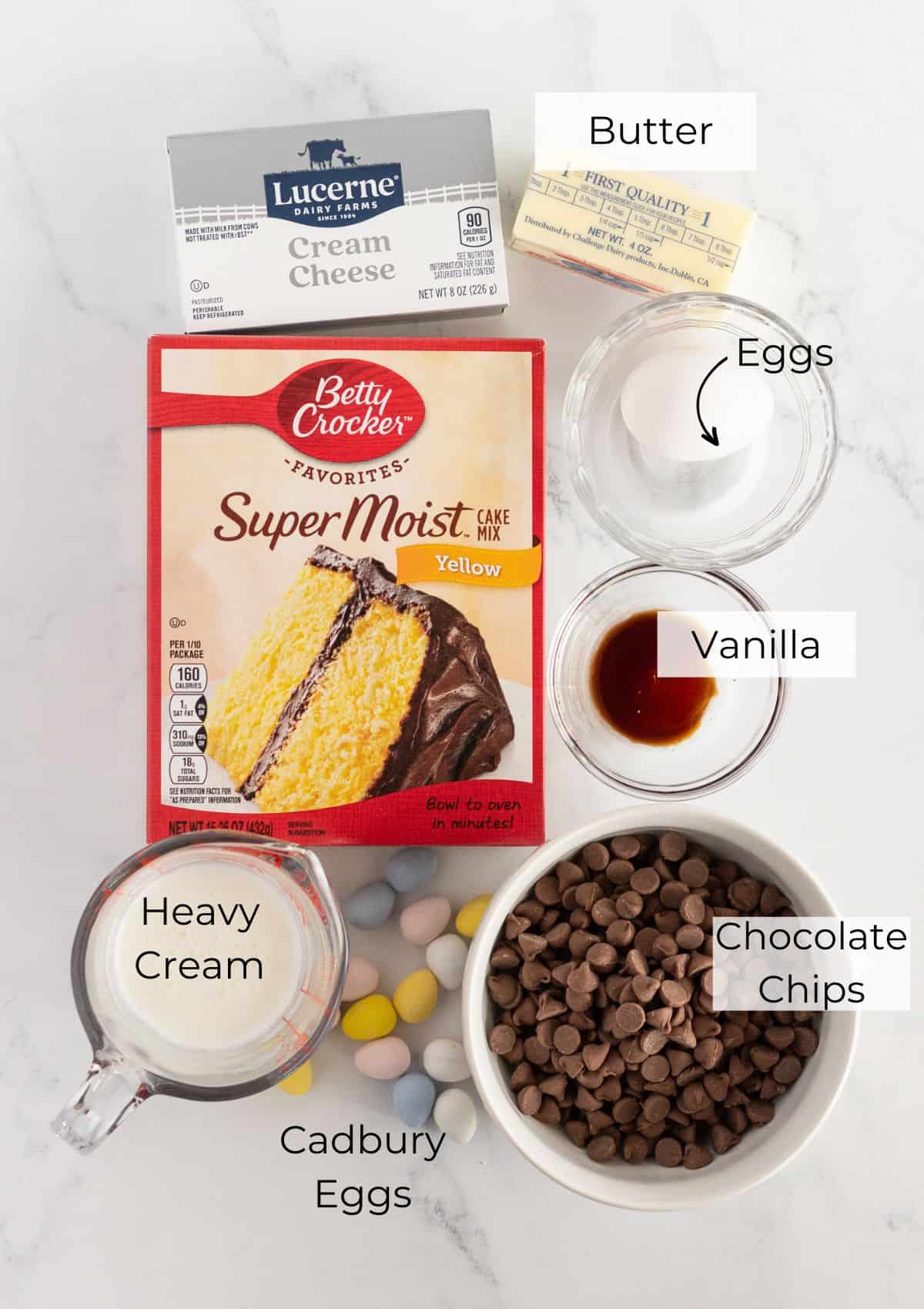 The ingredients needed for Cadbury Mini Egg Cookies.