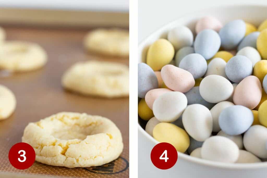 Steps 3 and 4 of making Cadbury Mini Egg Cookies. 3, baking the cookies and adding an indentation in the middle. 4, gathering your mini eggs.