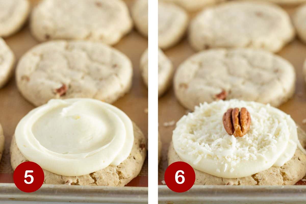 Steps 5 and 6 of making coconut pecan cookies. 5-frosting the cookies and 6-adding additional coconut and a pecan halve to the top.