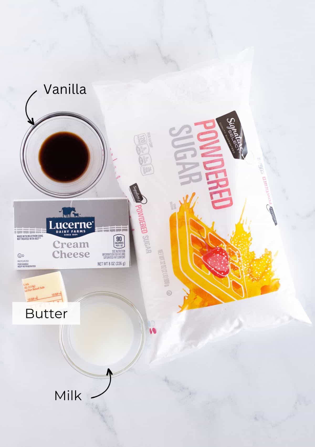 The ingredients needed to make Cereal Milk Frosting.