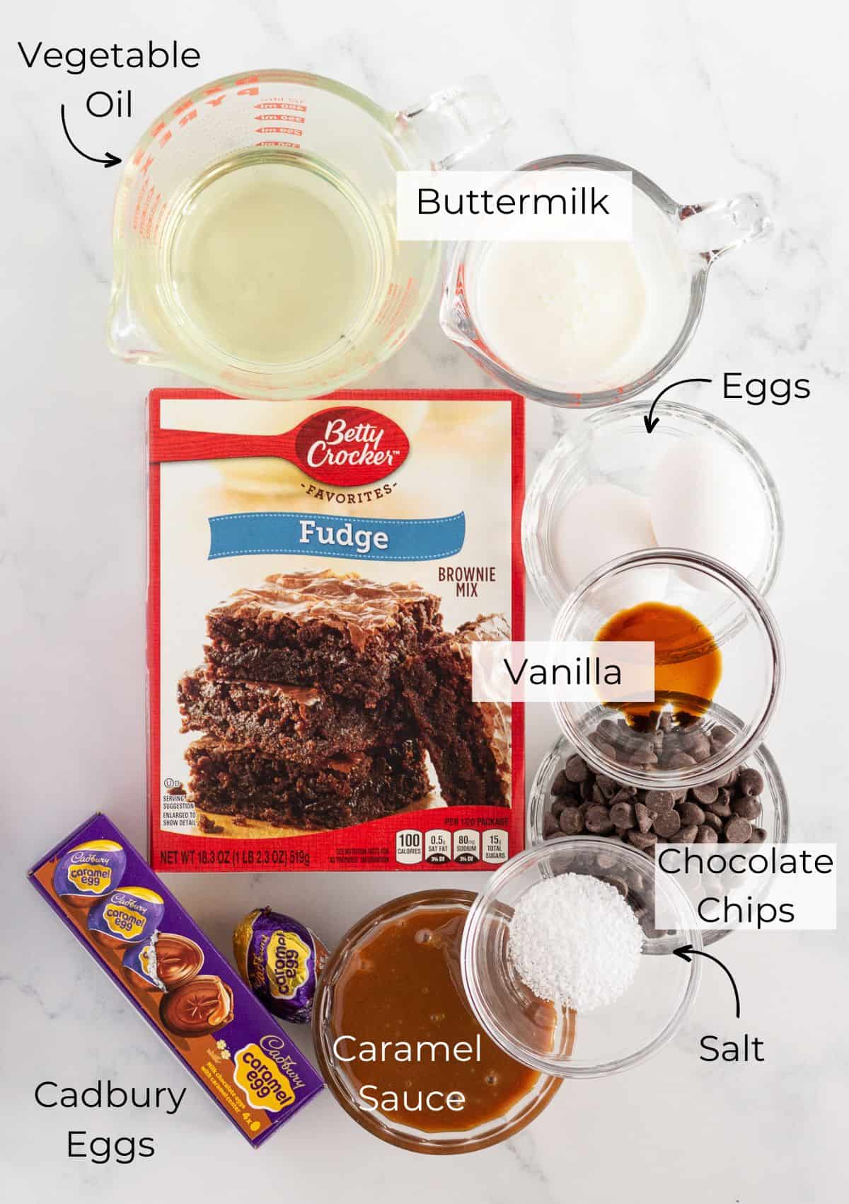 Ingredients needed to make Easter Brownies with caramel Cadbury Eggs.