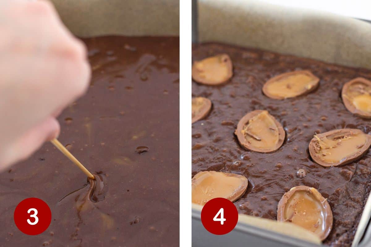 Steps 3 and 4 of making Easter Brownies. 3, swirling the caramel sauce into the brownie batter. 4, adding the halved Cadbury eggs.