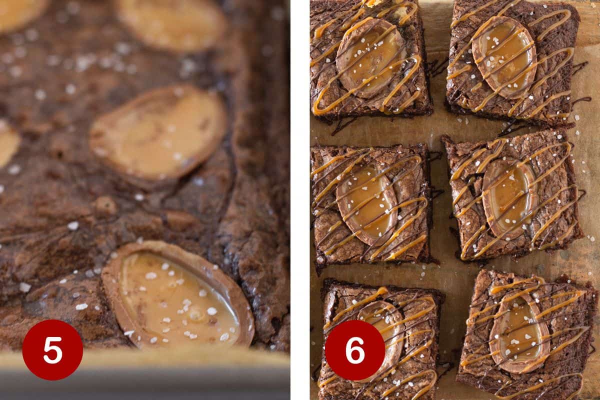 Steps 5 & 6 of making Easter Brownies.  5, baking the brownies. 6, cutting the cooled brownies into squares.