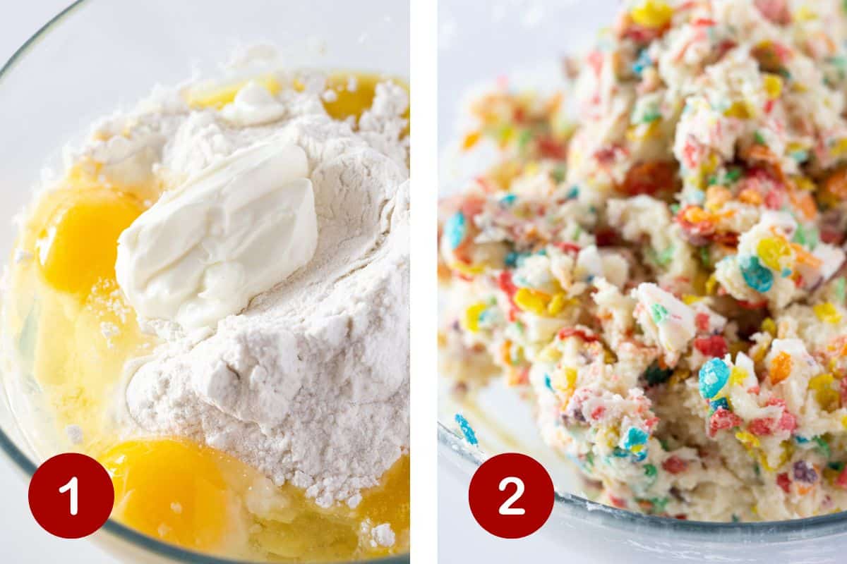 Steps 1 and 2 of making Fruity Pebbles Cookies. 1) A bowl with all of the cookie ingredients. 2) Finished cookie dough with Fruity Pebbles cereal and white chocolate.
