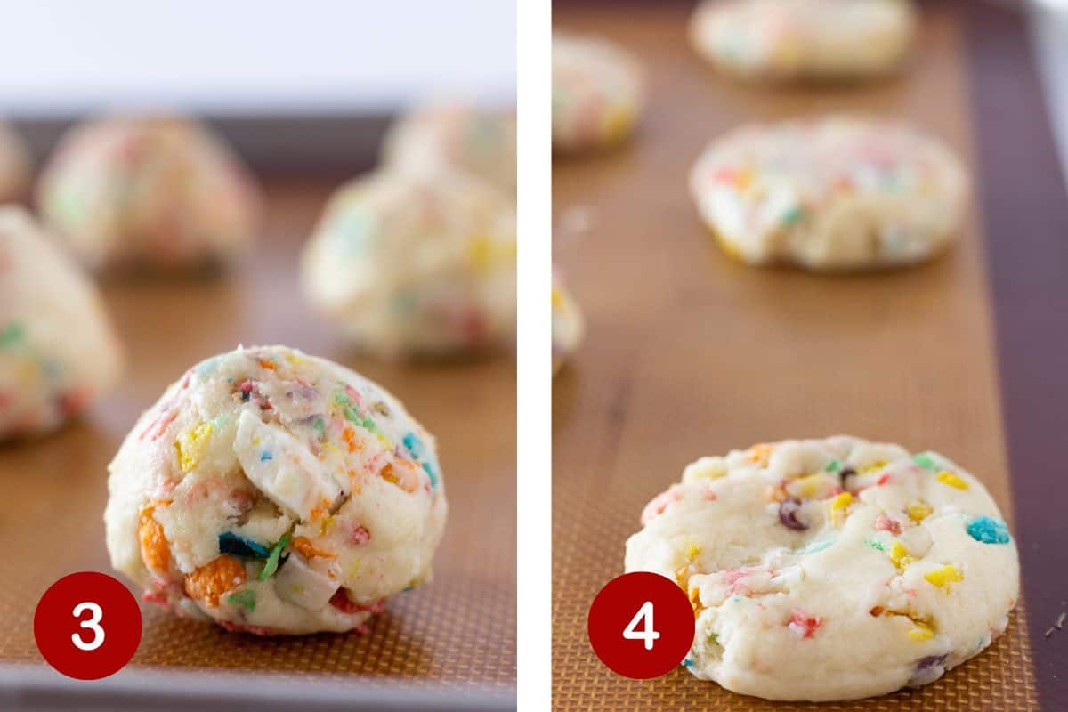 Steps 3 & 4 of making Fruity Pebbles Cookies. 3) Cookie dough mounds on a baking sheet. 4) Baked cookies cooling on a baking sheet.