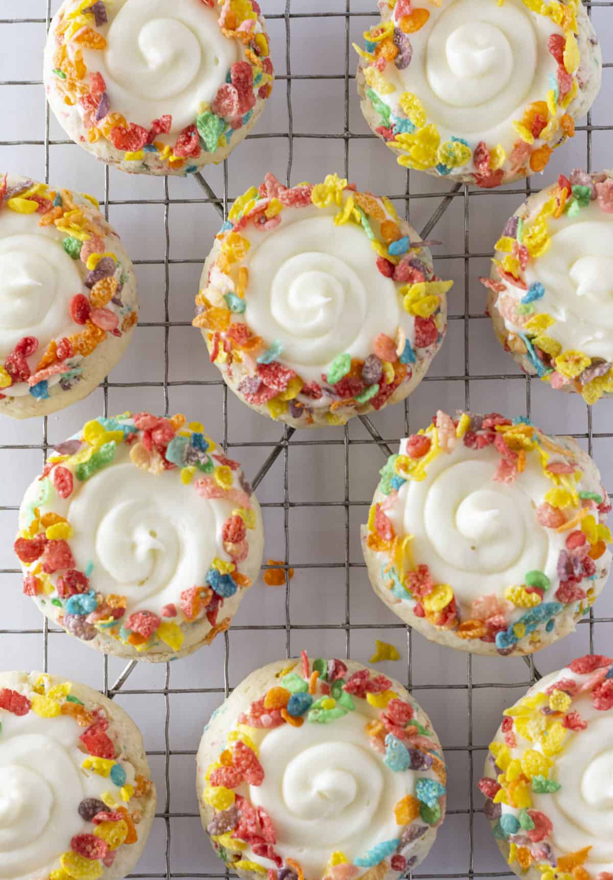 Fruity Pebbles Cookies on a cooling rack.