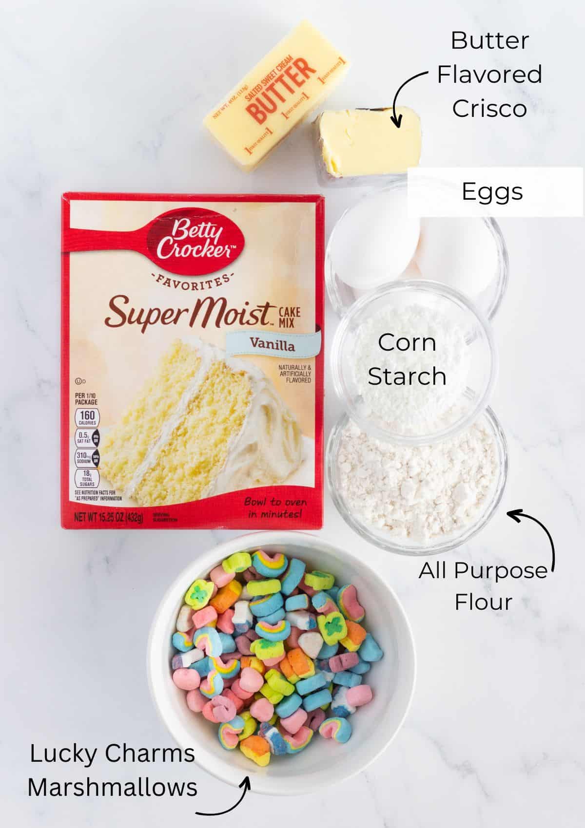 The ingredients needed to make Lucky Charms cookies.