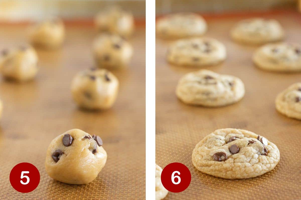 Steps 5 and 6 of making chocolate chip cookies for Easter.  5, rolling the dough to bake. 6, baking the cookies.