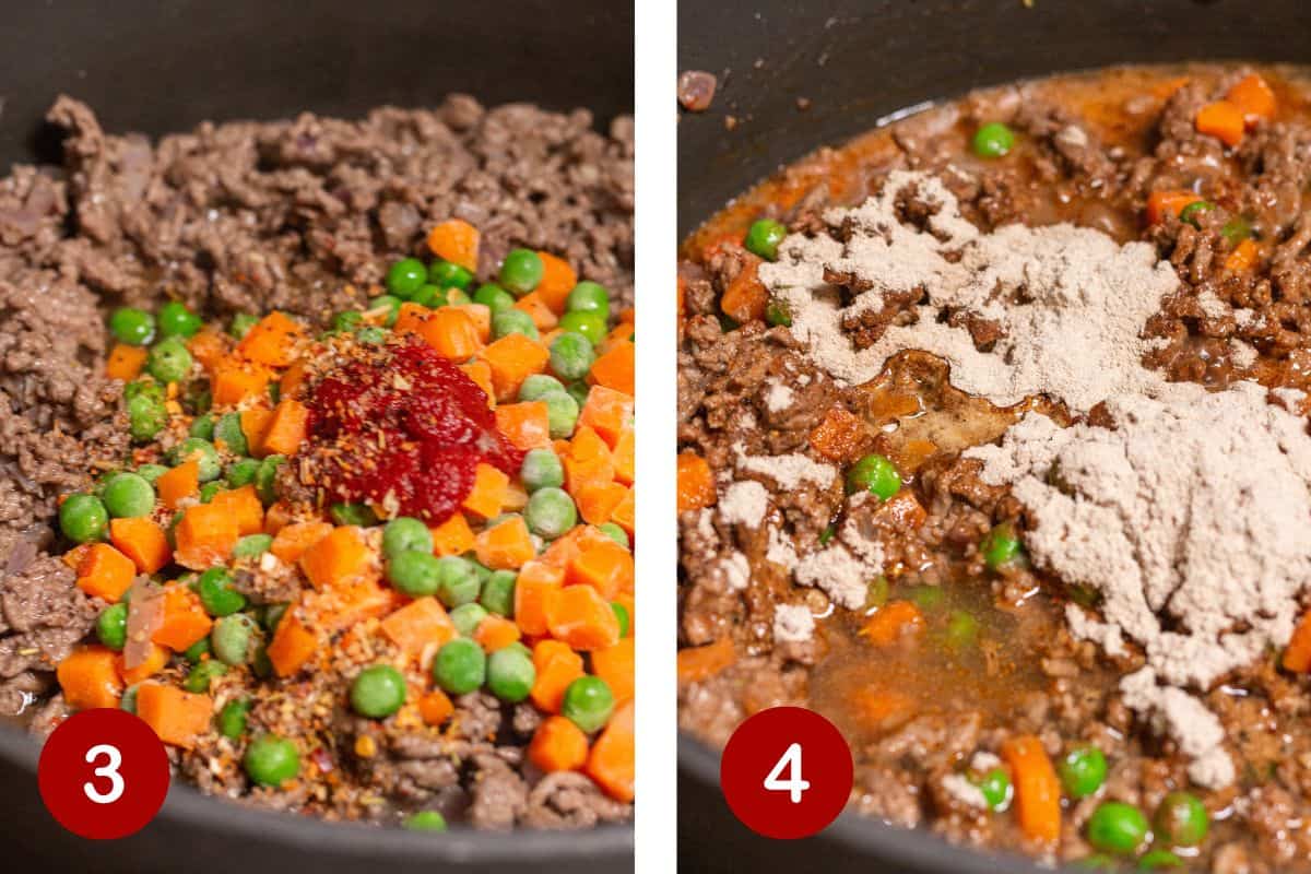 Photos of steps 3 & 4 of making shepherd's pie skillet.  #1, adding the seasoning and vegetables.  #2, adding the water and brown gravy packet.