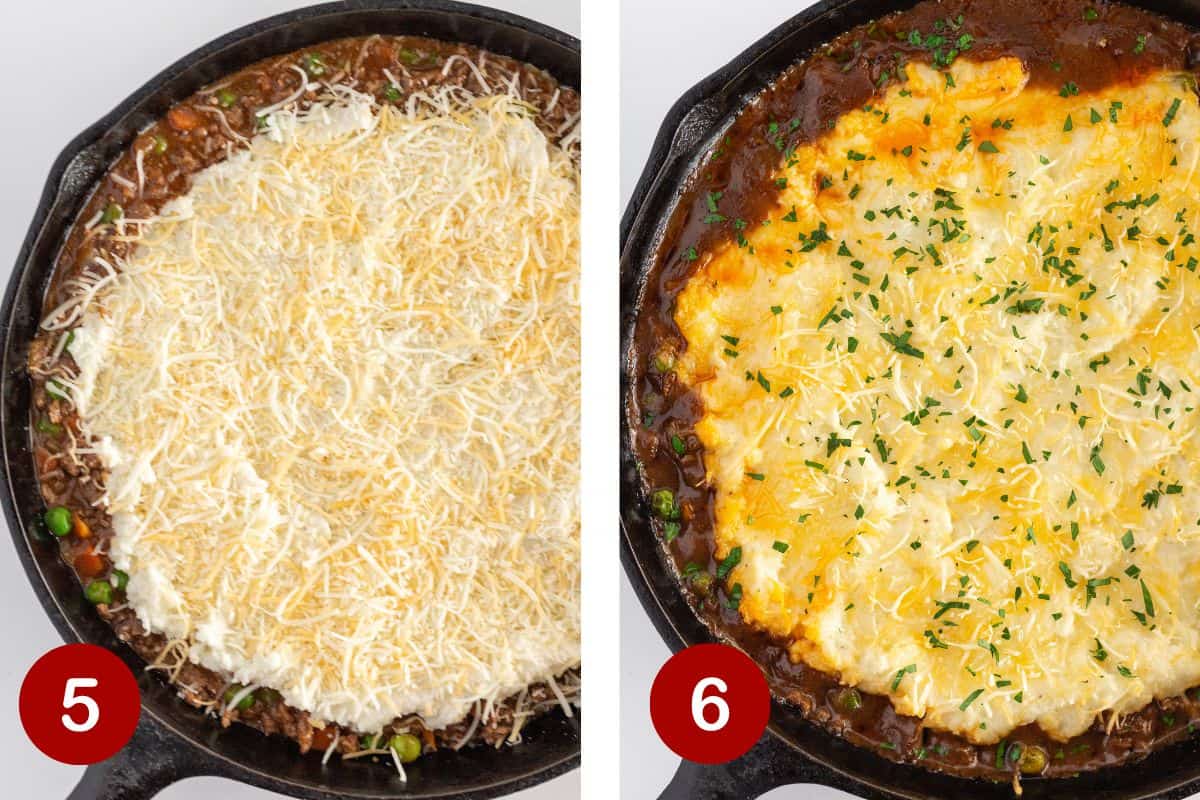 Photos of steps 5 & 6 of making a shepherds pie skillet.  #5, adding the mashed potatoes and cheese. #6, baking the sheperd's pie skillet.
