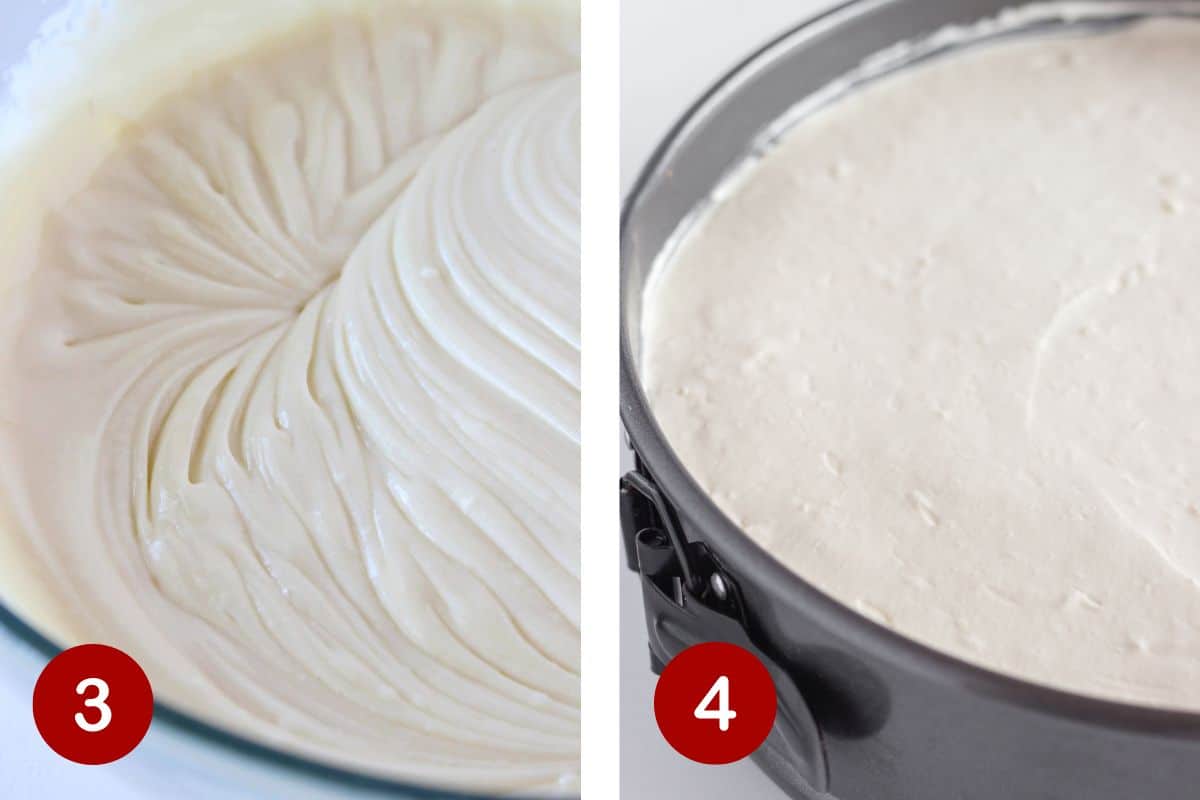 Steps 3 and 4 of making no bake cheesecake.  3, mix filling ingredients together.  4, add filling to the top of the crust and spread into an even layer.