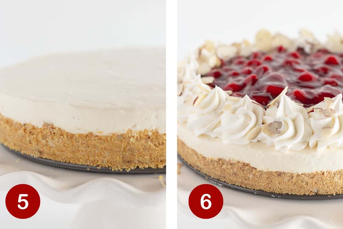 Steps 5 and 6 of making a no bake cherry cheesecake. 5, after chilling remove outer ring of the pan. 6, to serve top with cherry pie filling.