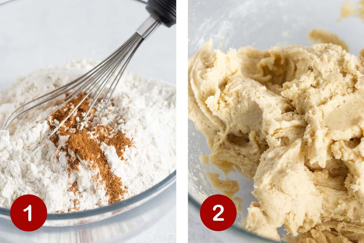 Steps 1 and 2 of making churro cookies.  1, whisk the dry ingredients.  2, add the wet ingredients and mix until thick.