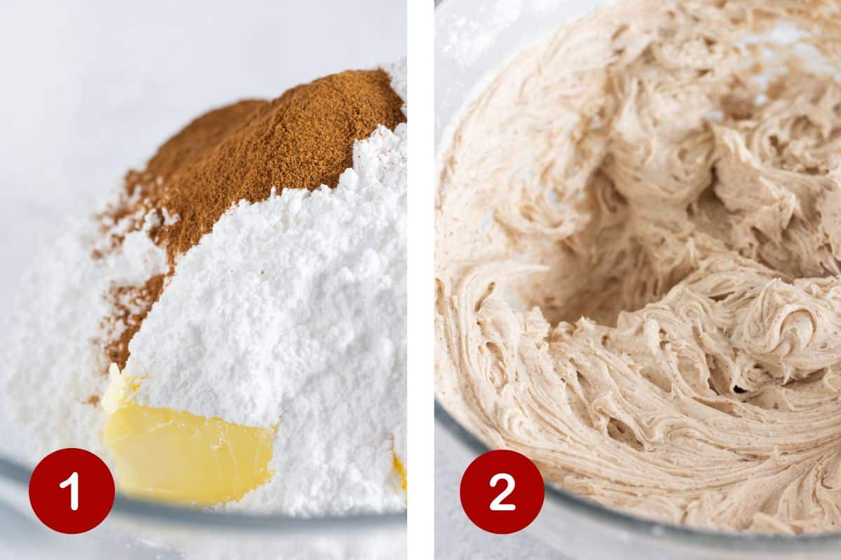 Steps 1 and 2 of making cinnamon buttercream frosting.  1, combining the ingredients in a bowl. 2, mixing the ingredients together and adding milk.