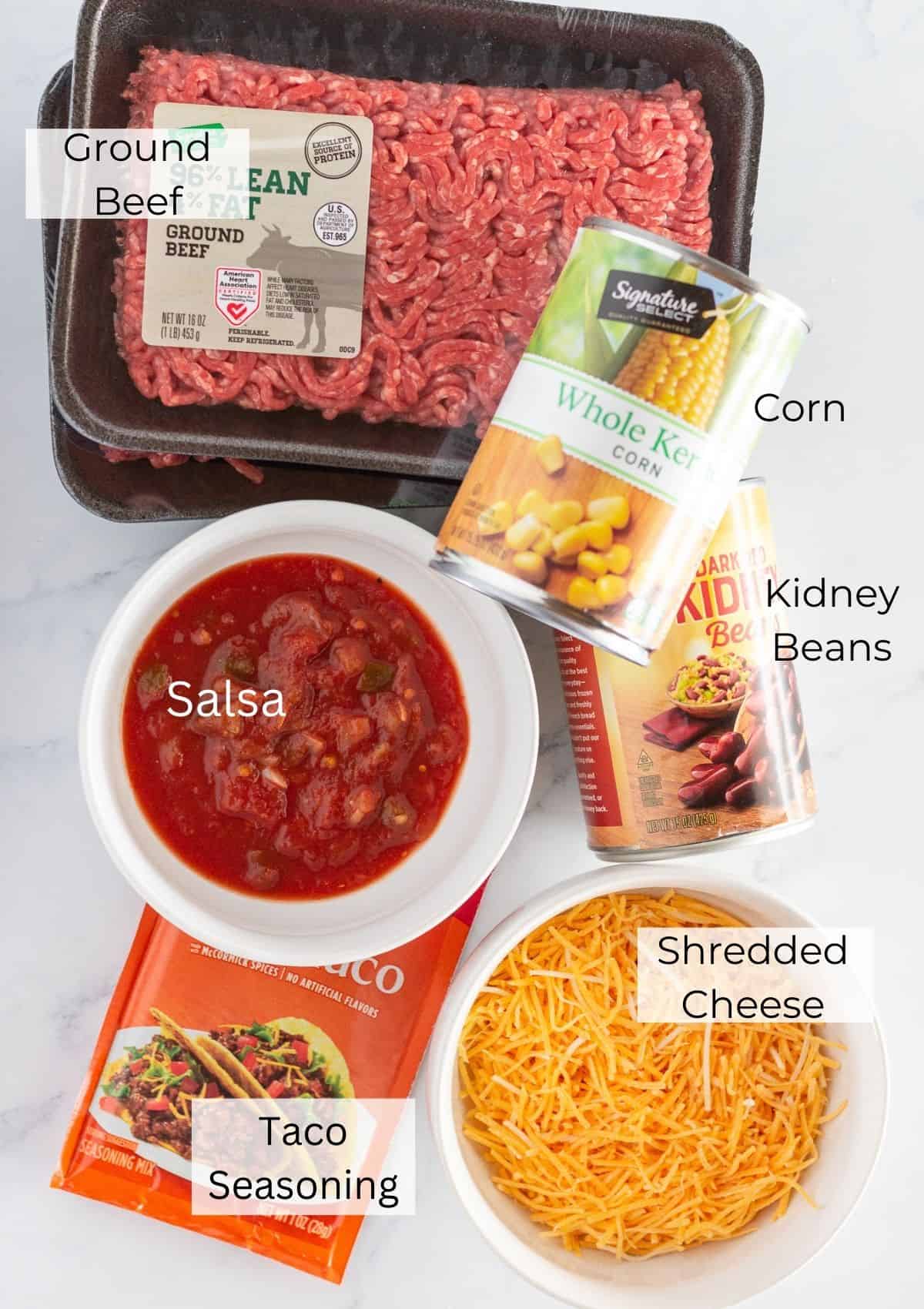 The ingredients needed to make the filling of Cowboy Cornbread Casserole.