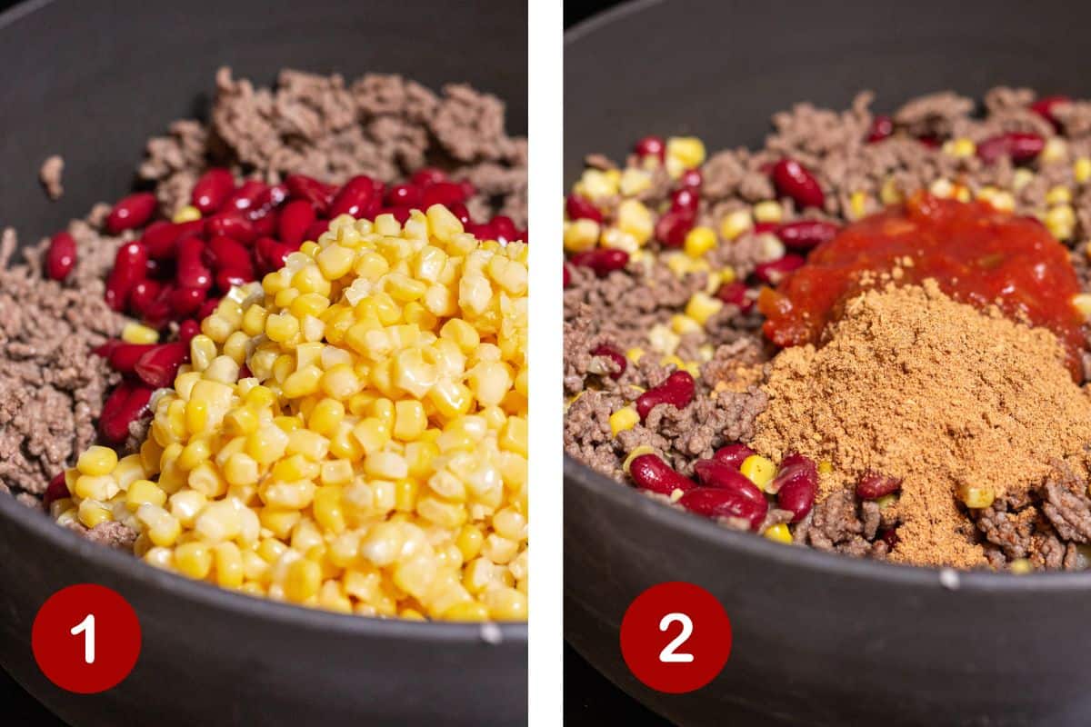Steps 1 and 2 of making cornbread casserole. 1, browning the ground beef and adding the corn, beans. 2, adding the remaining ingredients to the filling.