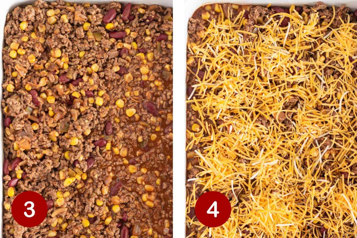 Steps 3 and 4 of making cowboy cornbread casserole. 3, pouring the filling into 9x13 baking dish. 4, ading shredded cheese to the top of the filling.
