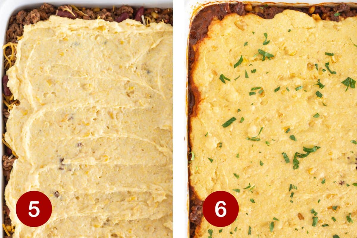 Steps 5 and 6 of making cowboy cornbread casserole. 5, combining the topping and spooning over the filling. 6, baking and serving.