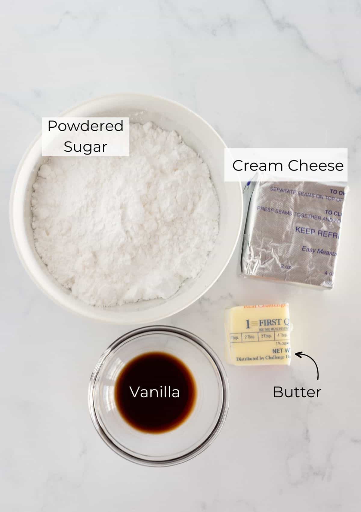 Ingredients needed to make the cream cheese glaze.