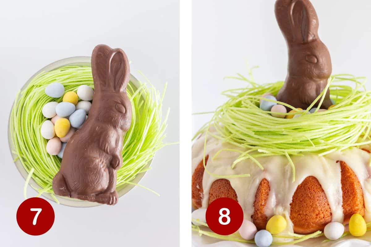 Steps 7 and 8 of making an Easter Bundt Cake. 7, gather the easter candy for the top. 8, add the easter candy to the top of the cake.