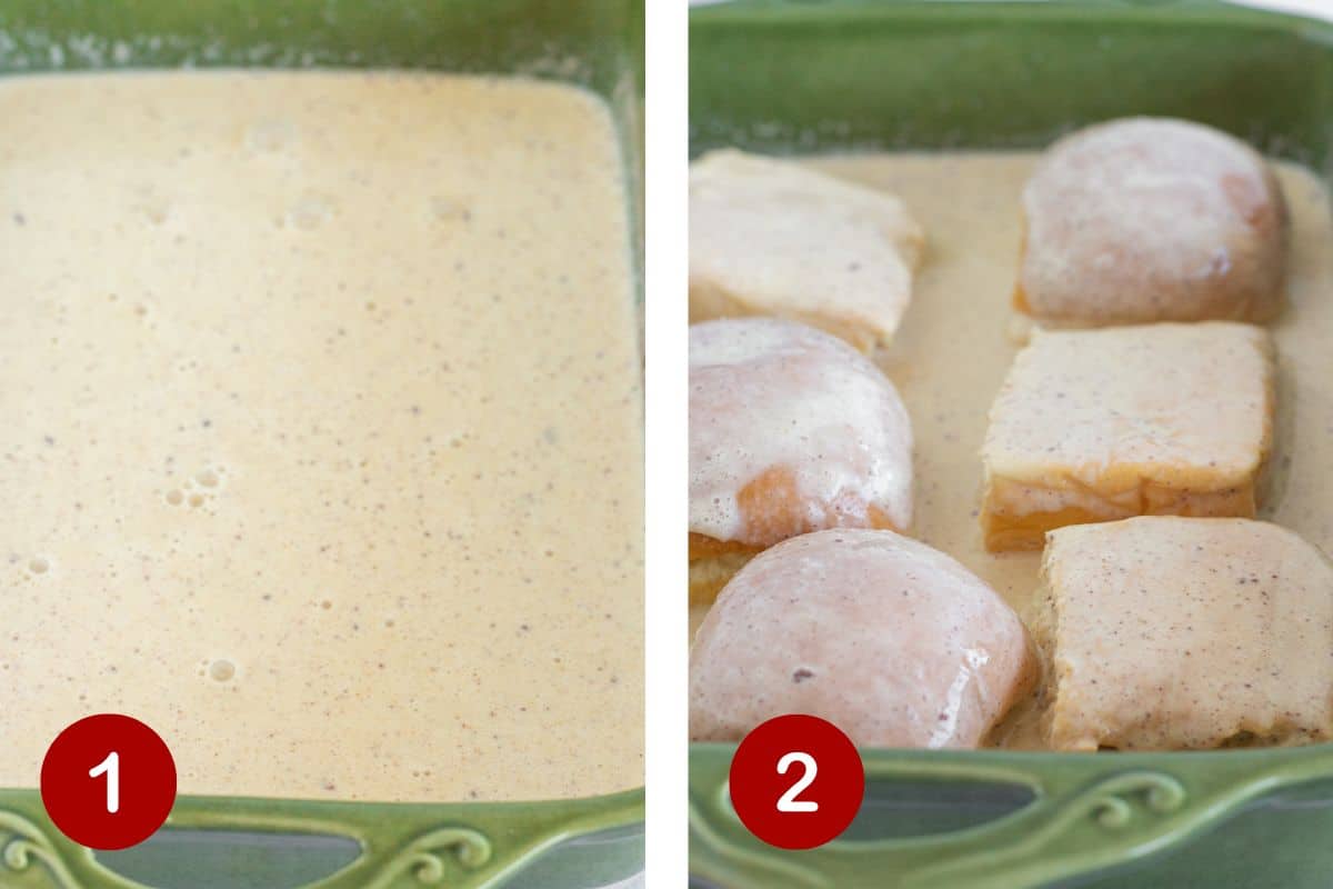 Steps 1 and 2 of making Hawaiian Roll French Toast. 1, making the egg mixture.  2, dredging the rolls in the egg mixture.