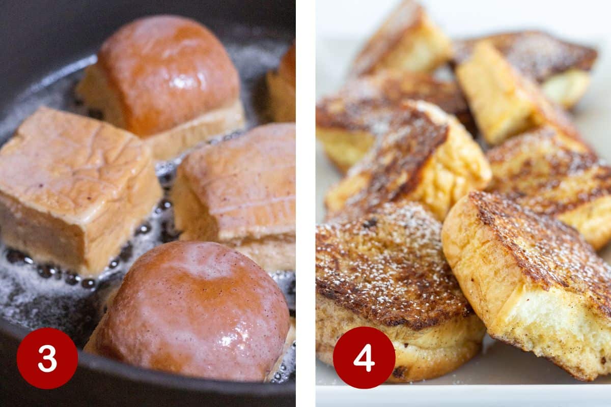 Steps 3 an 4 of making French toast with Hawaiian Rolls. 3, melt butter in pan and cook rolls.  4, serve French toast with a sprinkle of powdered sugar.