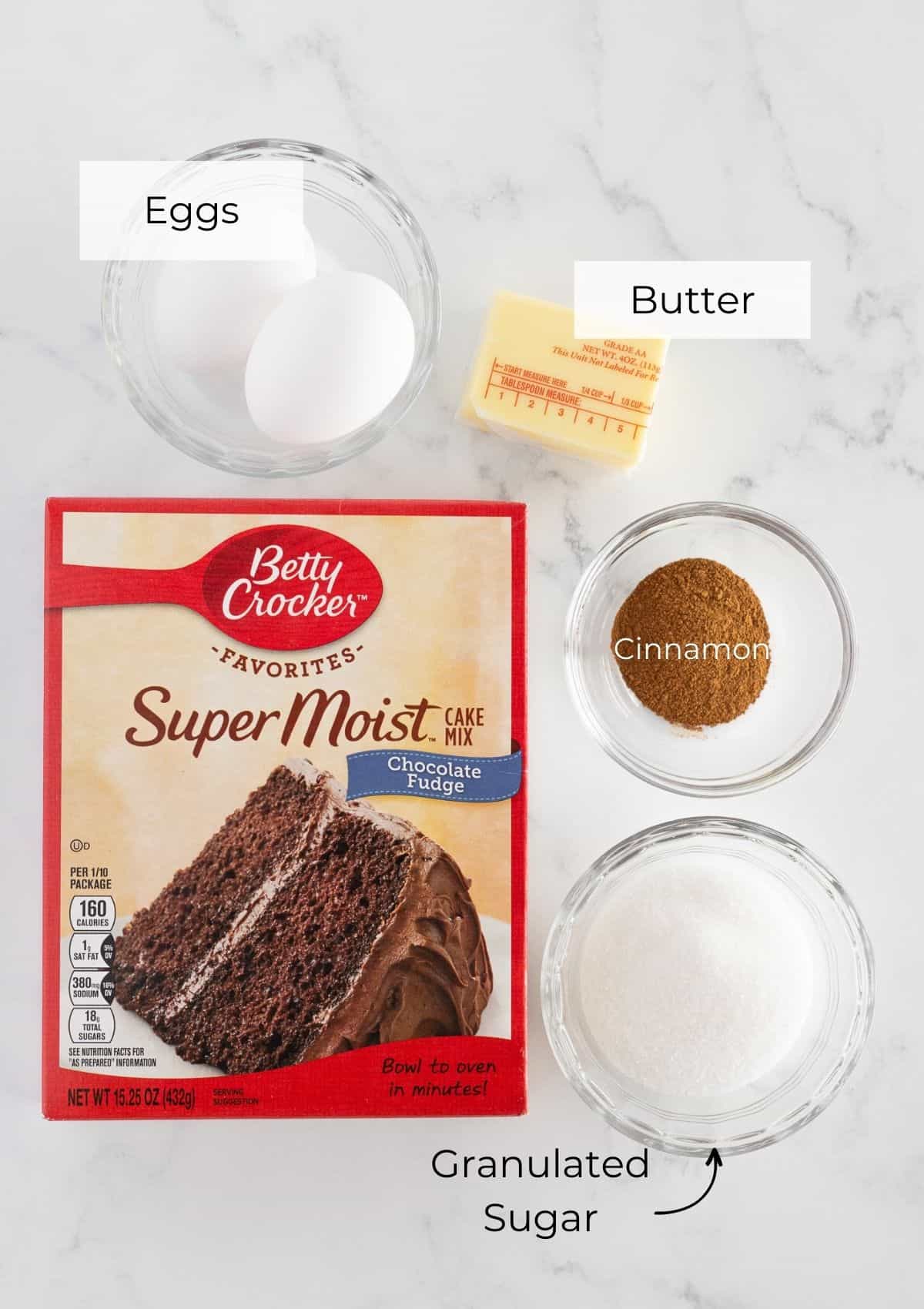 Ingredients needed to make Mexican Hot Chocolate Cookies with a cake mix.