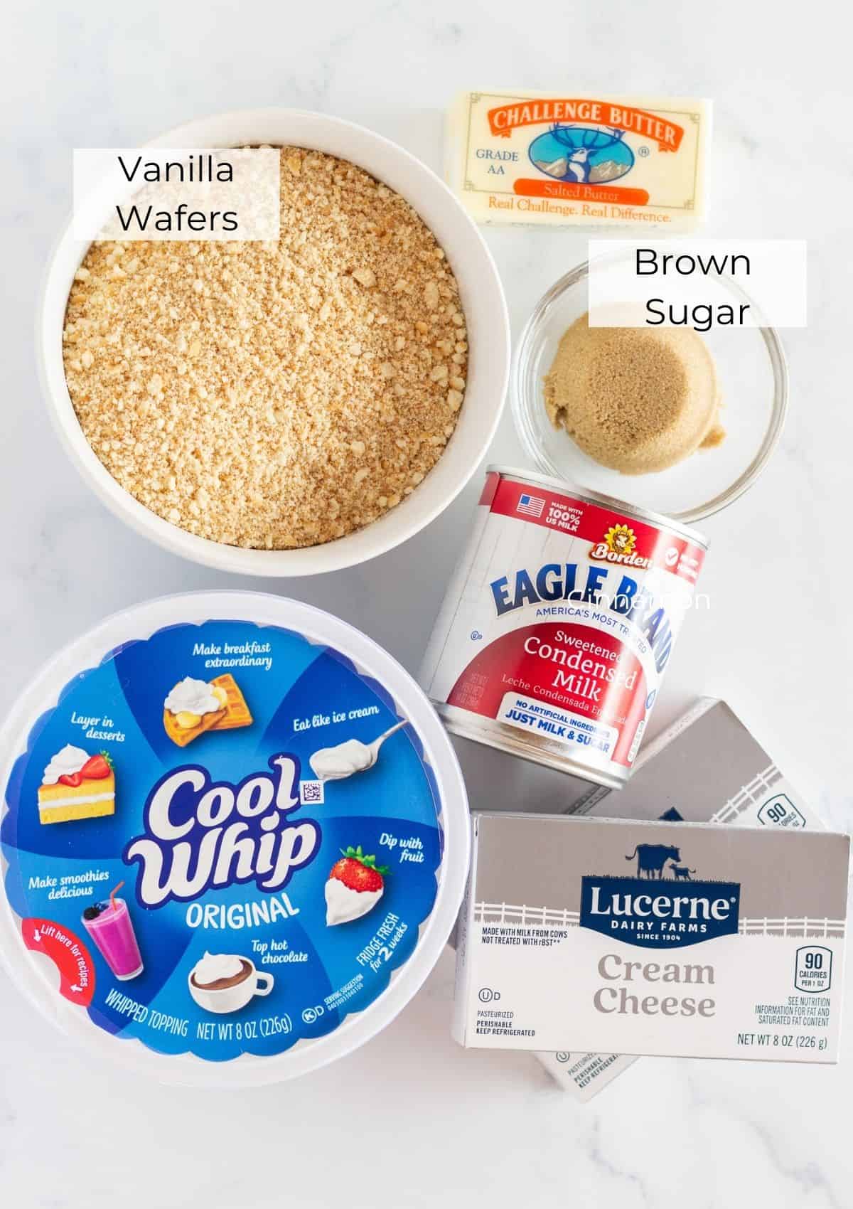 Ingredients needed for no bake mini cheesecakes.
