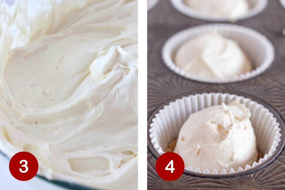 Steps 3 and 4 of making mini cheesecakes. 3, mixing the cheesecake filling. 4, adding no bake cheesecake to the mini crusts.