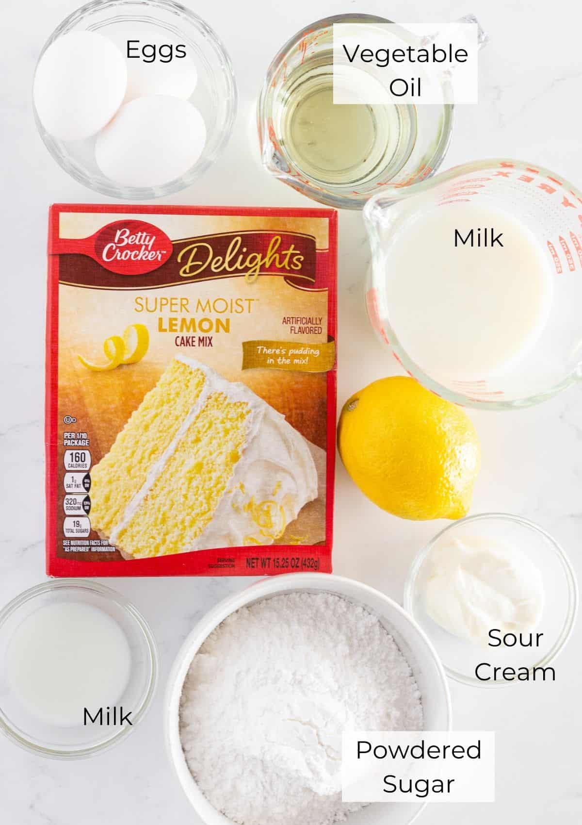 All of the ingredients you need to make a batch of mini lemon bundt cakes.