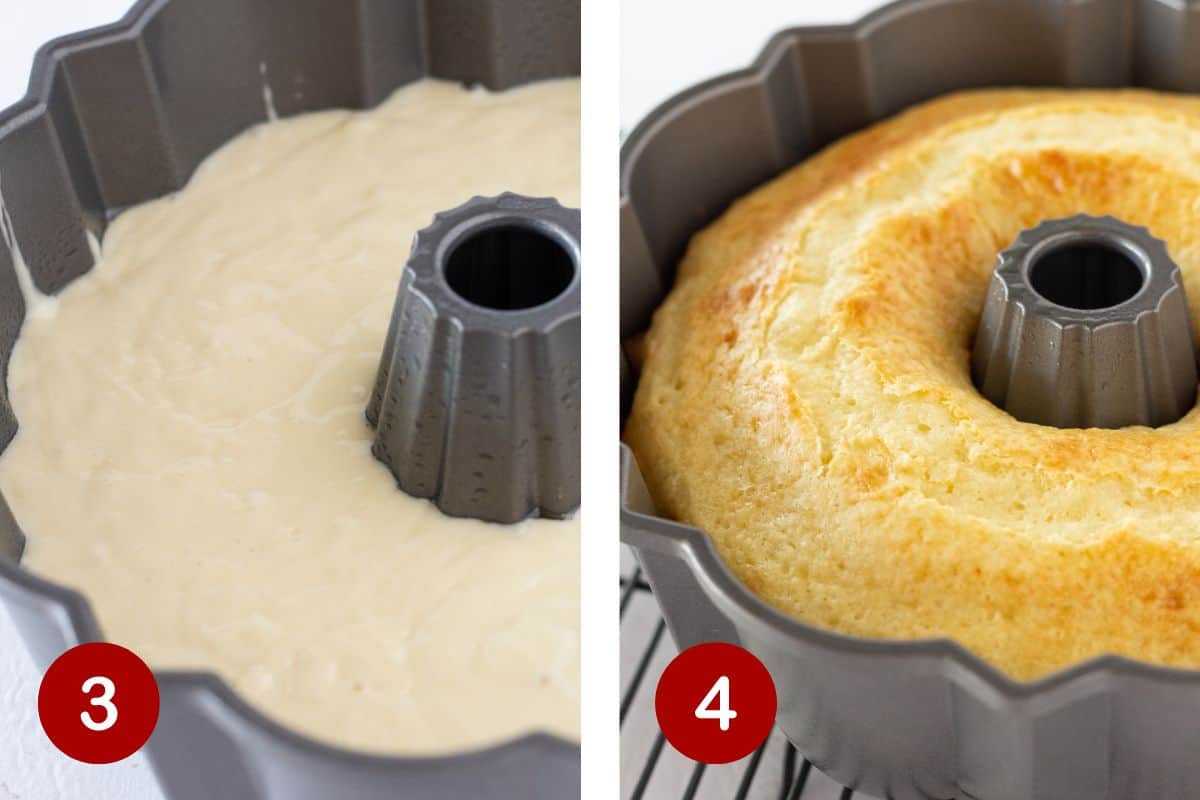Steps 3 an 4 of making a pecan upside down cake. 3, make the cake batter and add it to the prepared pan. 4, bake the cake for 40-45 minutes and cool for 10 minutes.