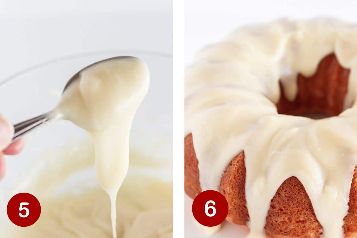 Steps 5 and 6 of making an Easter Bundt Cake. 5, making the cream cheese glaze. 6, adding teh glaze to the top of the cake.