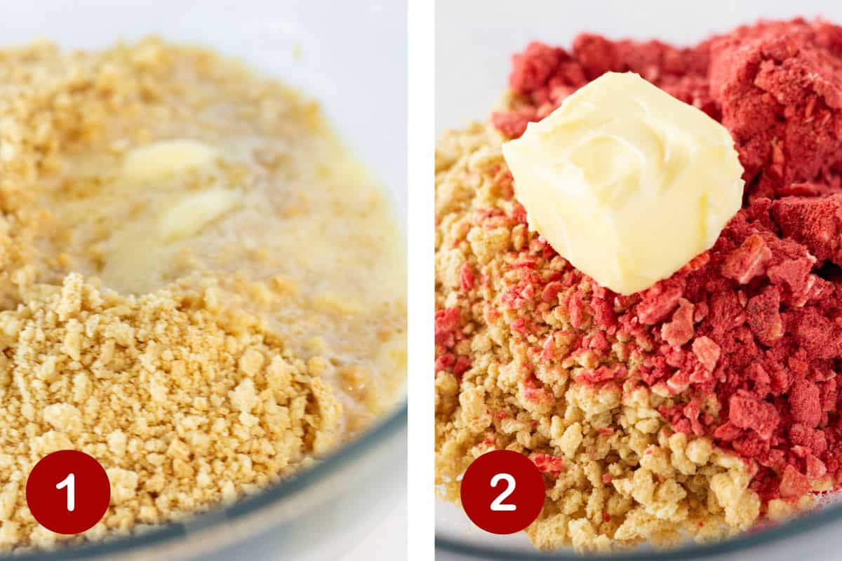 Steps 1 and 2 of making strawberry crunch cheesecake.  1, combine crust ingredients and add to springform pan. 2, make the strawberry crunch topping.