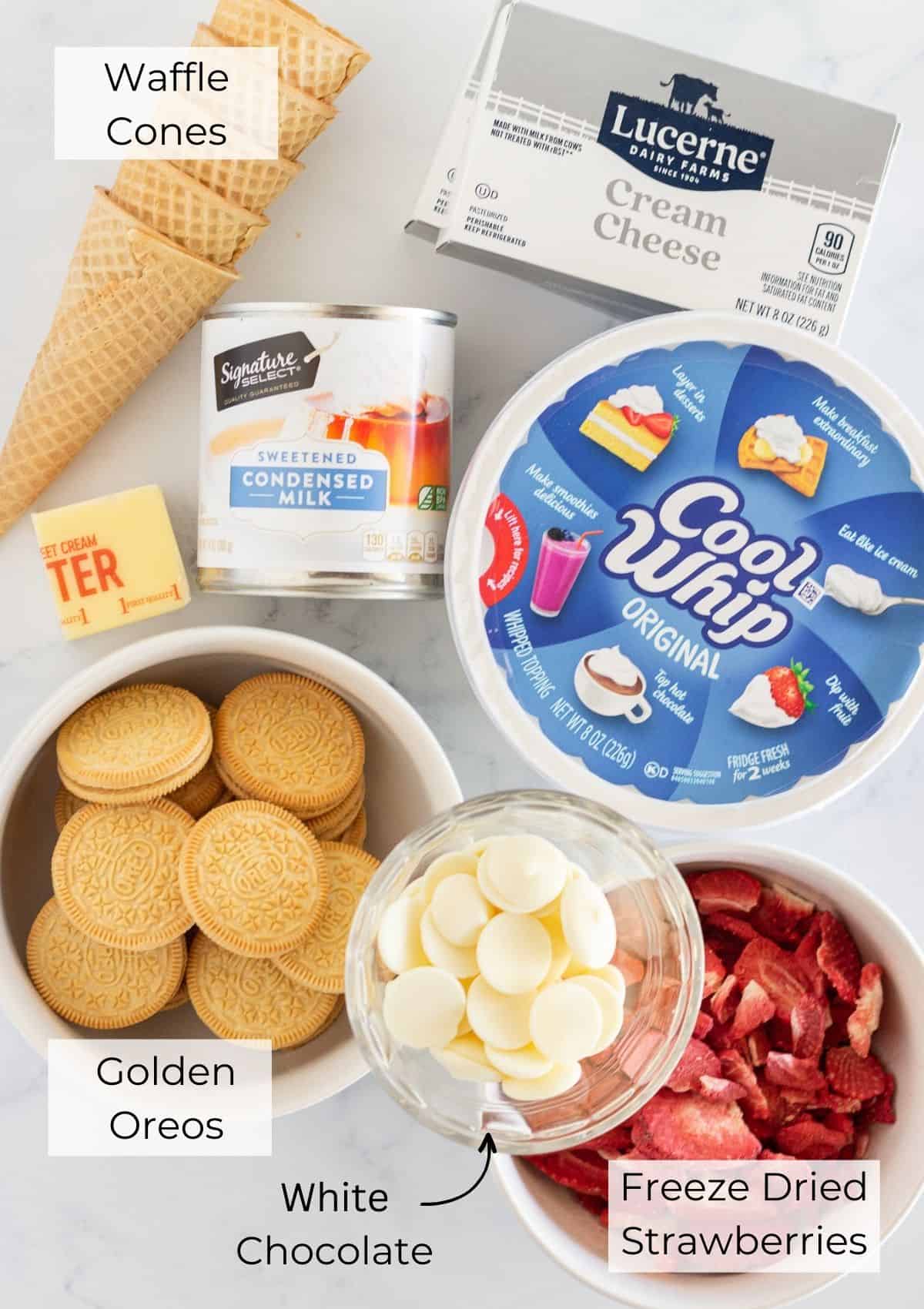 The ingredients you need to make Strawberry Crunch Cheesecake Cones.