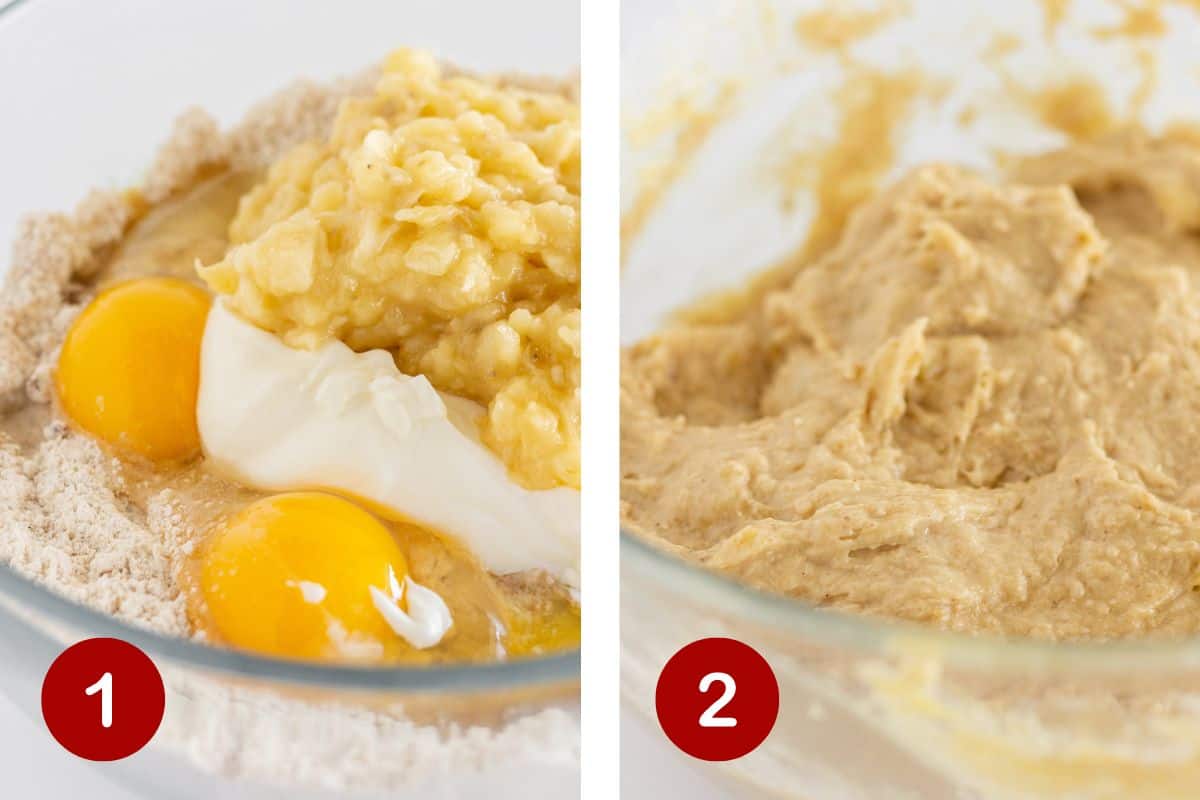 Steps 1 and 2 of making banana muffins with bisquick. 1, whisk dry ingredient and add wet ingredients to a bowl. 2, mix the ingredients together being careful to not overmix.