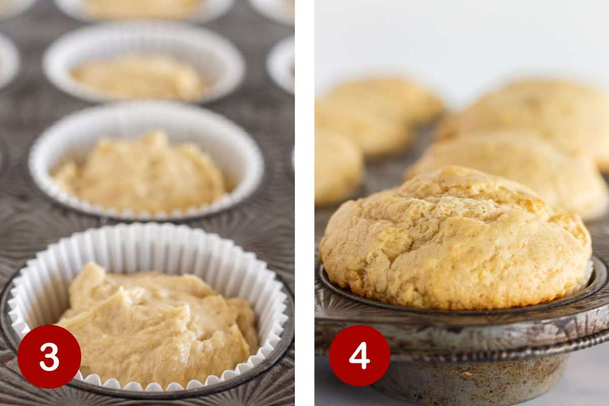 Steps 3 and 4 of making banana muffins. 3, fill muffin cups. 4, bake muffins.