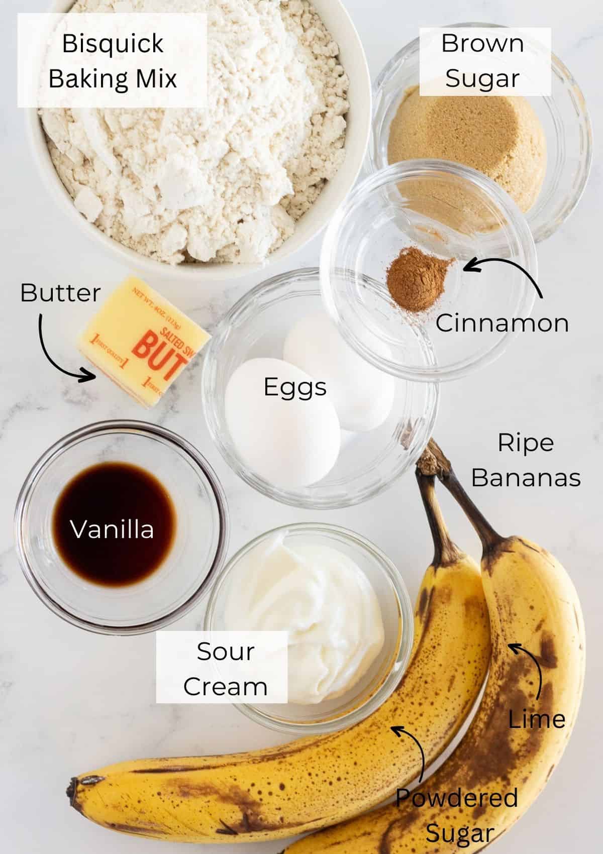 The ingredients needed to make banana muffins with bisquick.