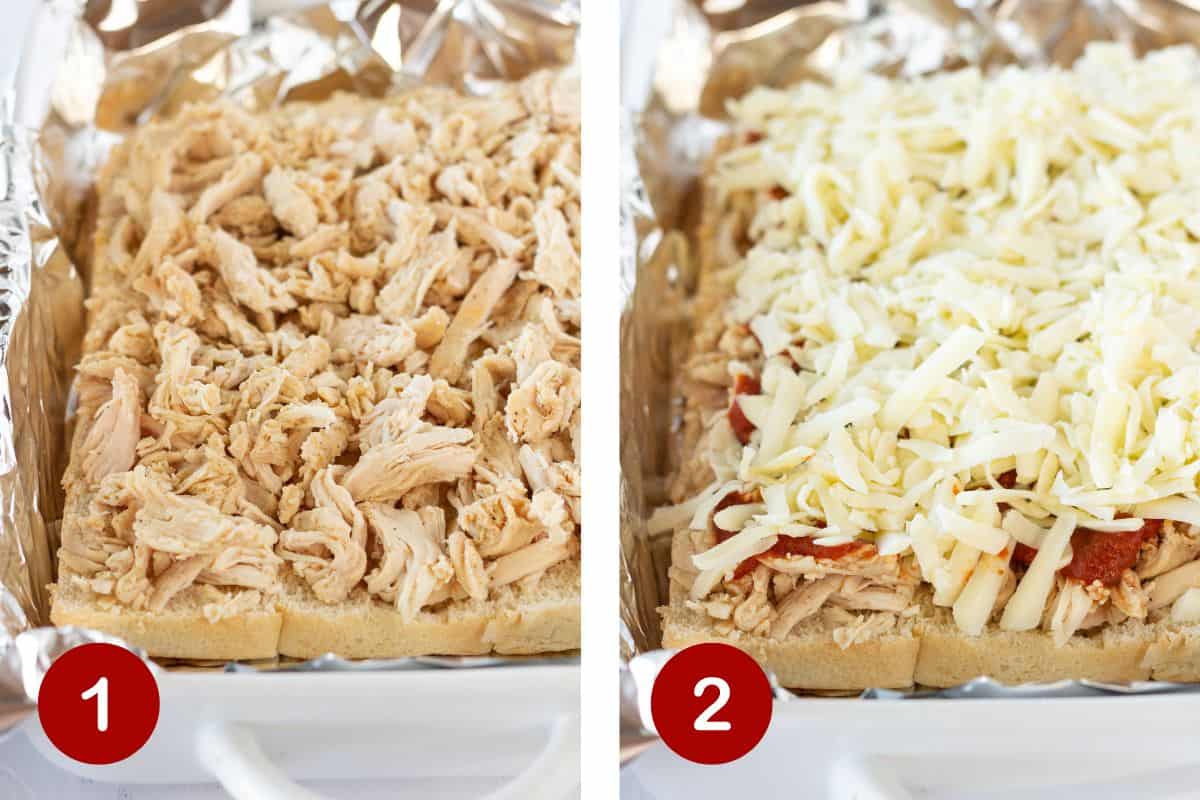 Steps 1 and 2 of making Chicken Parm Sliders. 1, slicing the rolls and adding shredded chicken. 2, topping chicken with pizza sauce and cheese.