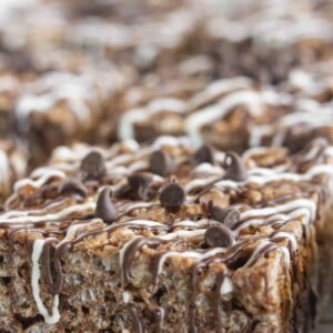 A close up photo showing the chocolate drizzle of each square.