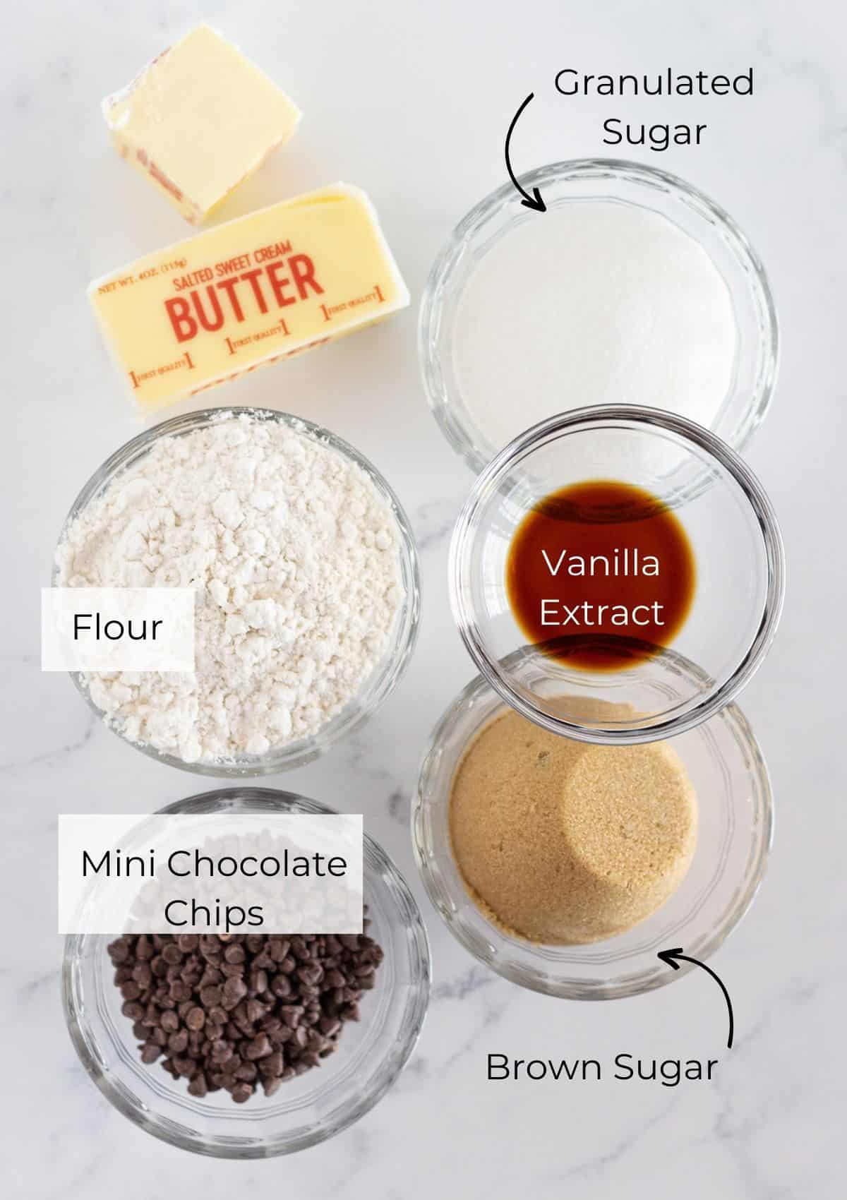 The ingredients needed to make edible cookie dough without eggs.