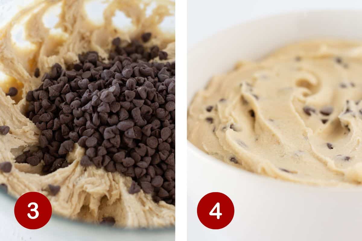 Steps 3 and 4 of making edible cookie dough. 3, add mini chocolate chips to the dough. 4, eat and enjoy!