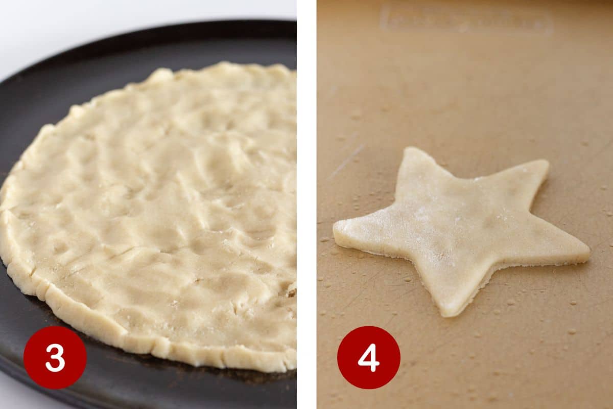 Steps 3 and 4 of making a flag fruit pizza. 3, press the cookie dough slices into a solid circle.  4, take the end slices, roll out and cut out a star.