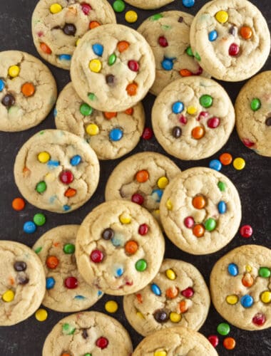 A dozen Mini M&M Cookies on a tray.