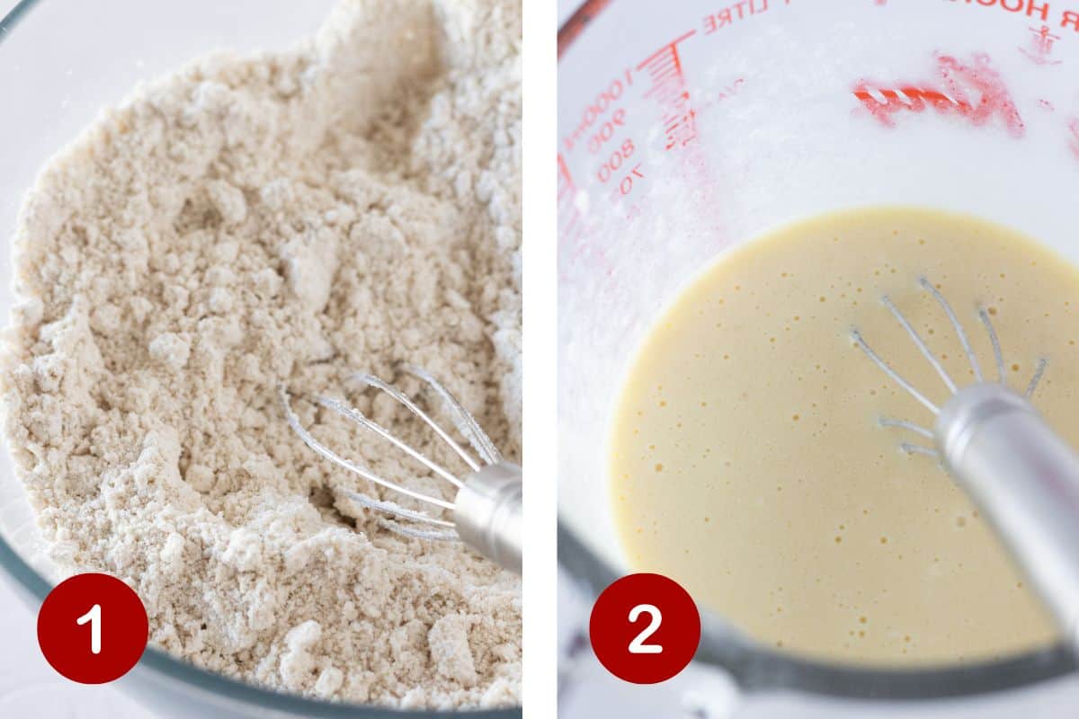 Steps 1 and 2 of making muffins with pancake mix. 1, whisking the dry ingredients. 2, whisking the wet ingredients.